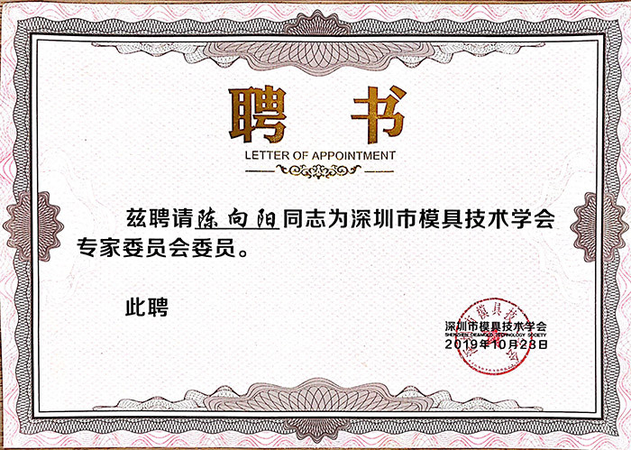 深圳市模具技術(shù)學(xué)會(huì)專家委員會(huì)證書(shū)-陳向陽(yáng)